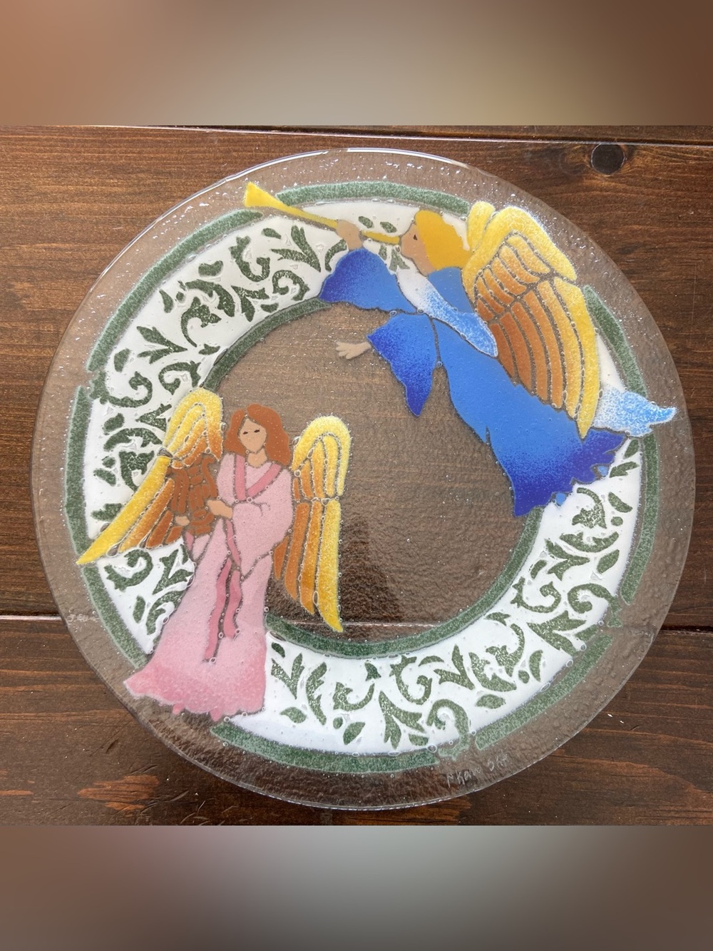 Signed Peggy Karr Fused Art Glass Heavenly Angels Christmas Plate
